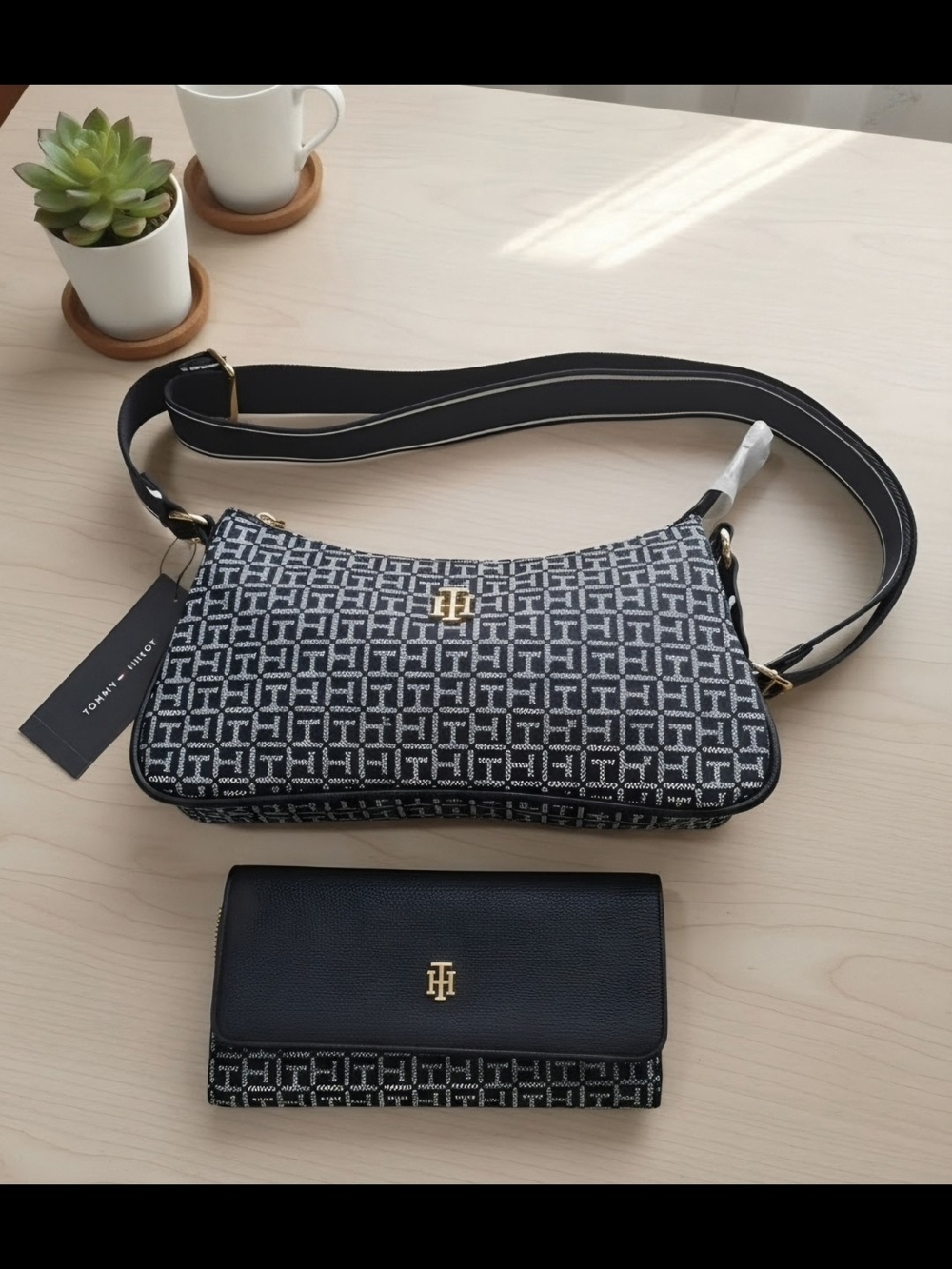 Tommy Hilfiger Navy Monogram Jacquard Shoulder Bag with Gold Accents
